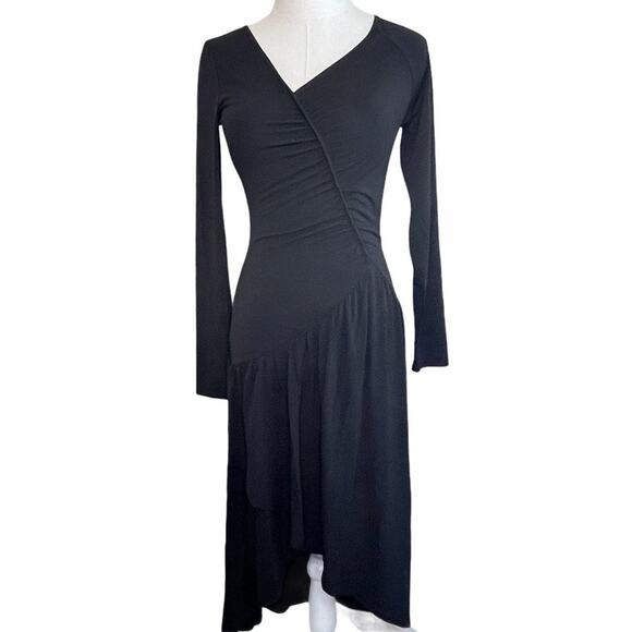 Lenon Womens A-line Dress Black Stretch Asymmetric Long Sleeve Ruched XS - Picture 1 of 8